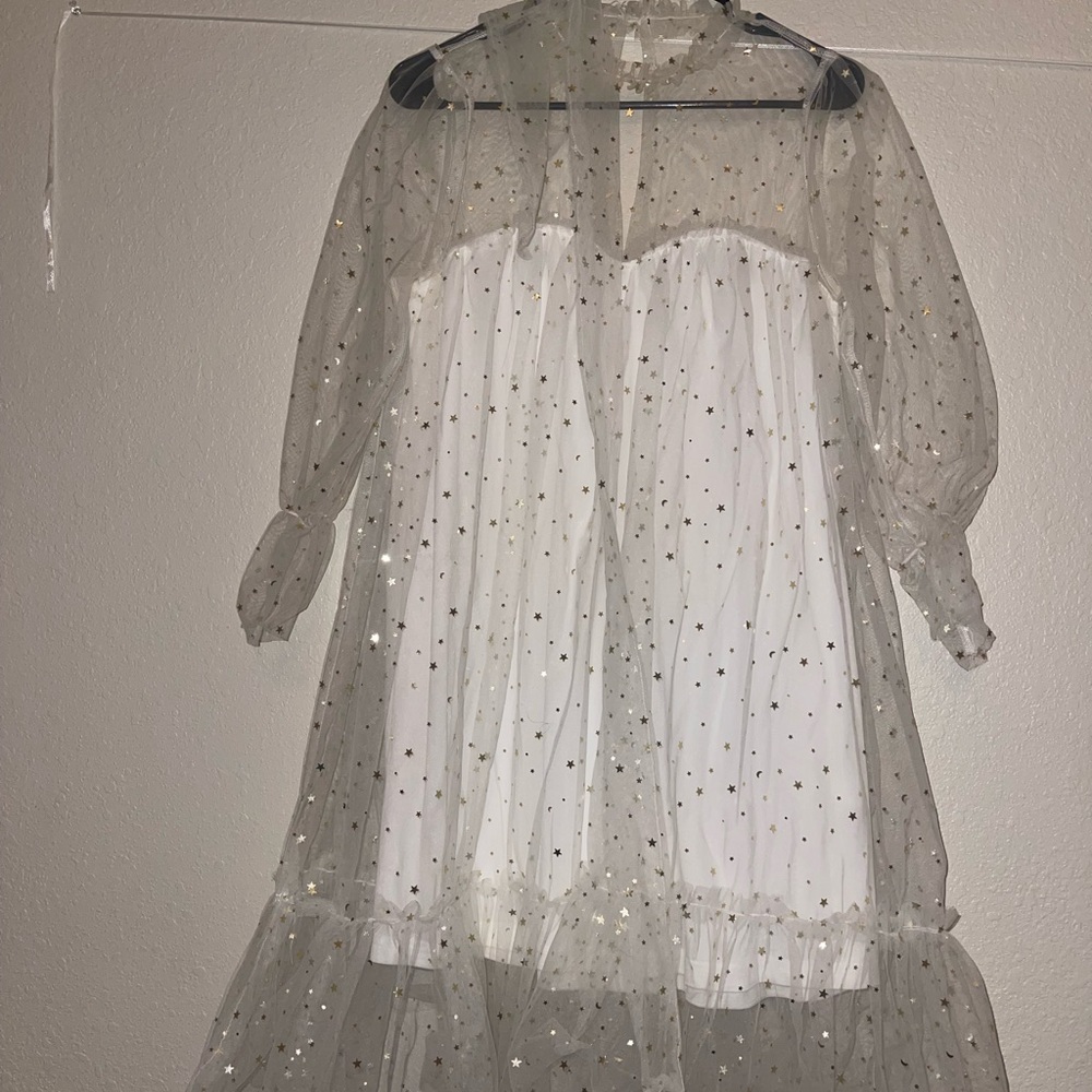 Whimsical Sheer gold star  Dot Dress with White Lining